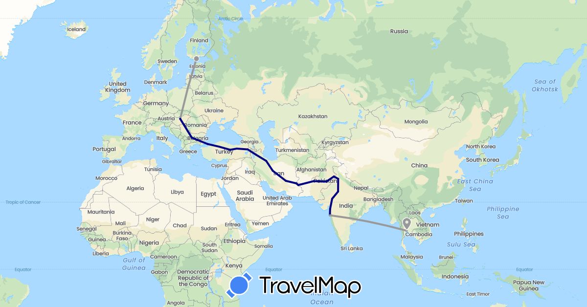 TravelMap itinerary: driving, plane in Bulgaria, Finland, Hungary, India, Iran, Pakistan, Thailand, Turkey (Asia, Europe)